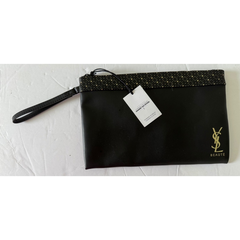 YSL Beaute Black Faux Leather Wristlet Pouch Gold Star Trim Logo Zip Clutch